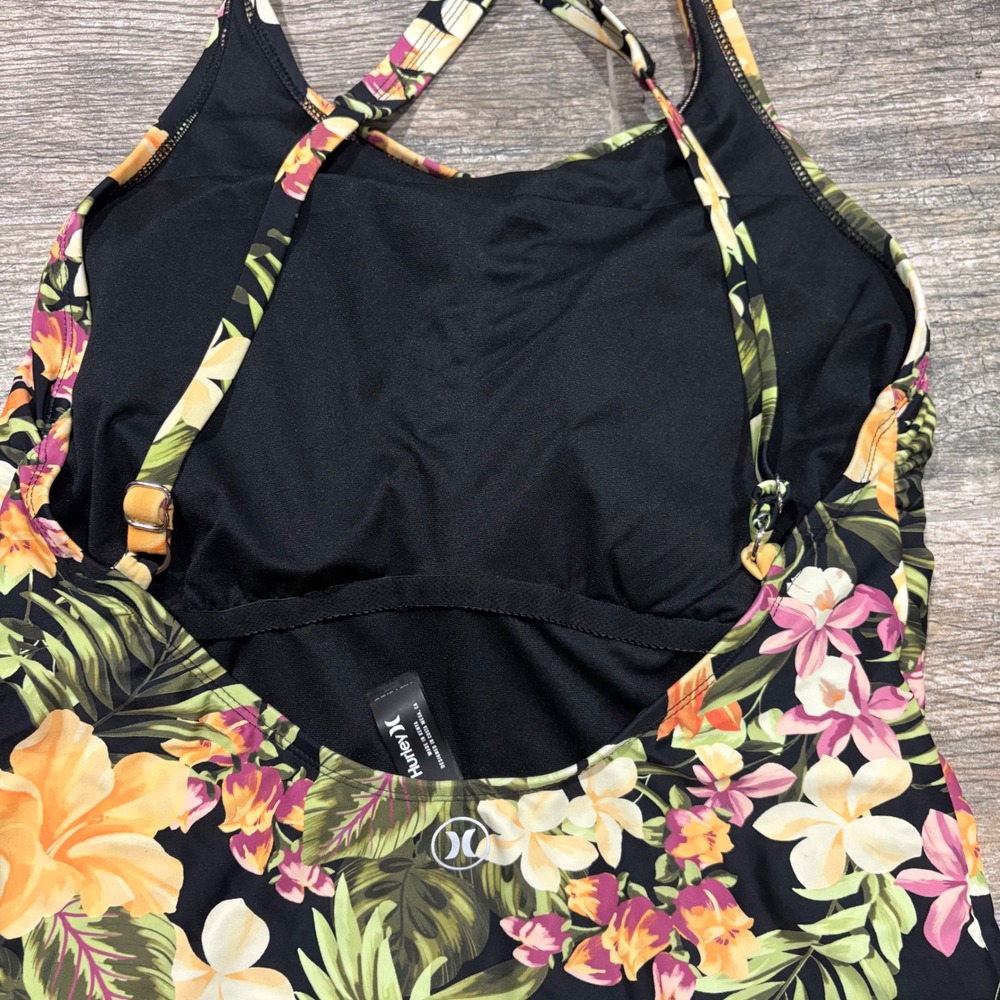 Hurley Tropical Floral One Piece Swimsuit Black XL Cross Back Built in Bra - Picture 7 of 8